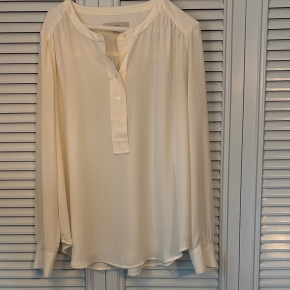 Loft Ivory White Cream Band Collar Button Henley Long Sleeve Blouse Size Medium - Picture 2 of 7